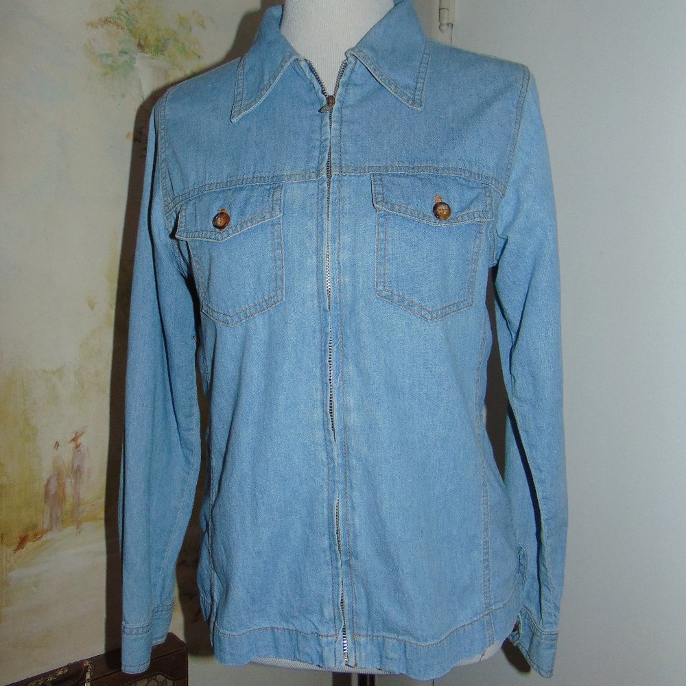 Vintage 80's California Style Long Sleeve Blue Denim Zip Up Shirt Flap Pockets S